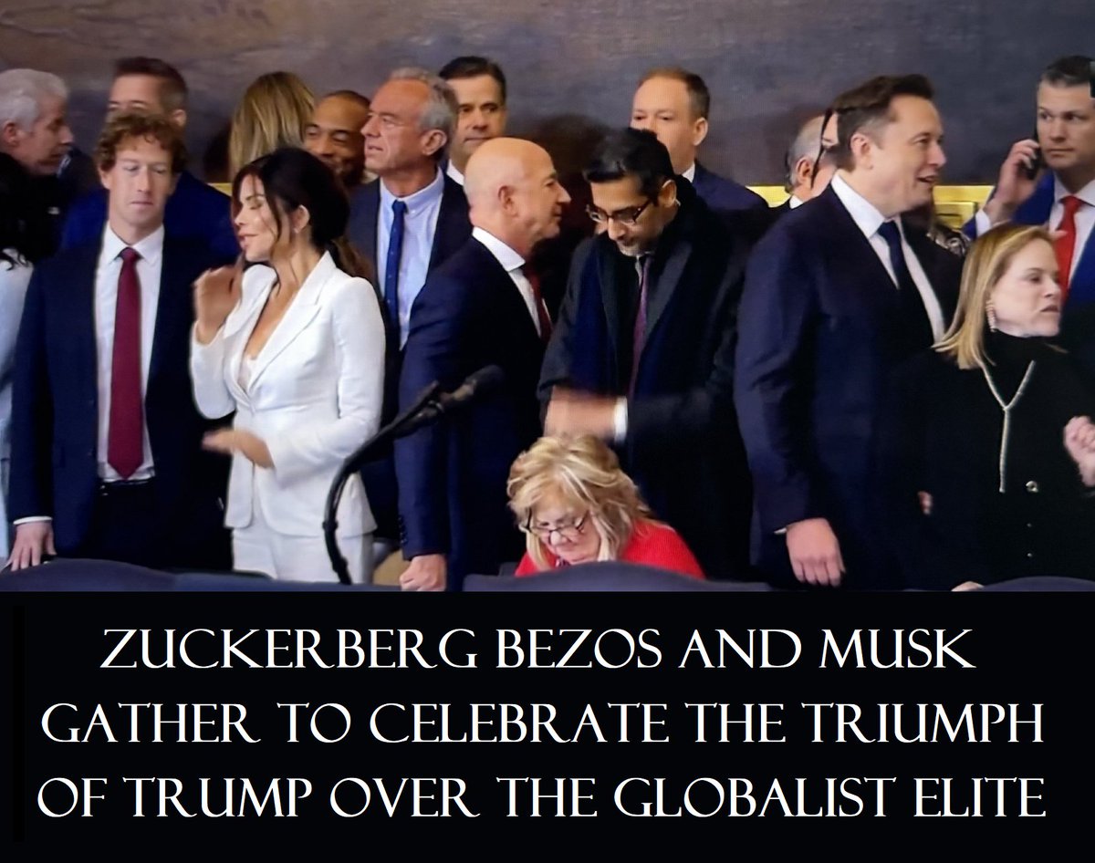 Something weirdly enigmatic about this image.

Zuckerberg, Bezos &amp; Musk have a combined net worth of around $874 billion. They're the living definition of the "globalist elite".

What an incredible con trick Donald Trump has pulled off.

#TrumpInauguration #TrumpInauguration2025