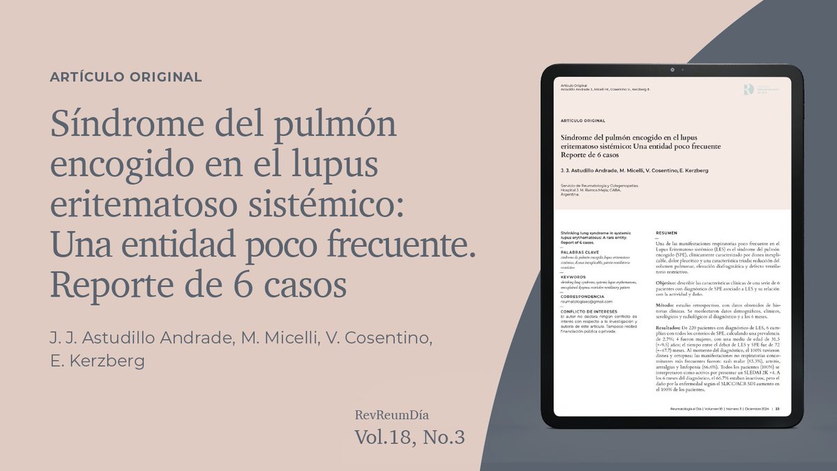 Ante la presencia de disnea inexplicable, se debe pensar en patologías poco frecuentes como el SPE. Relacionar su presencia con la actividad de la enfermedad es importante y es necesario tener siempre la sospecha de esta patología: reumatologiaaldia.com/index.php/rad/…