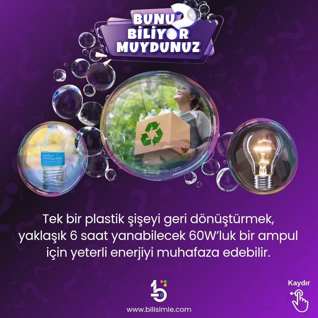 Tek bir plastik şişeyi geri dönüştürmek, yaklaşık 6 saat yanabilecek 60W’luk bir ampul için yeterli enerjiyi muhafaza edebilir. #geridönüşüm
#tubitak #teknofest #bilişim #teknoloji #enerji