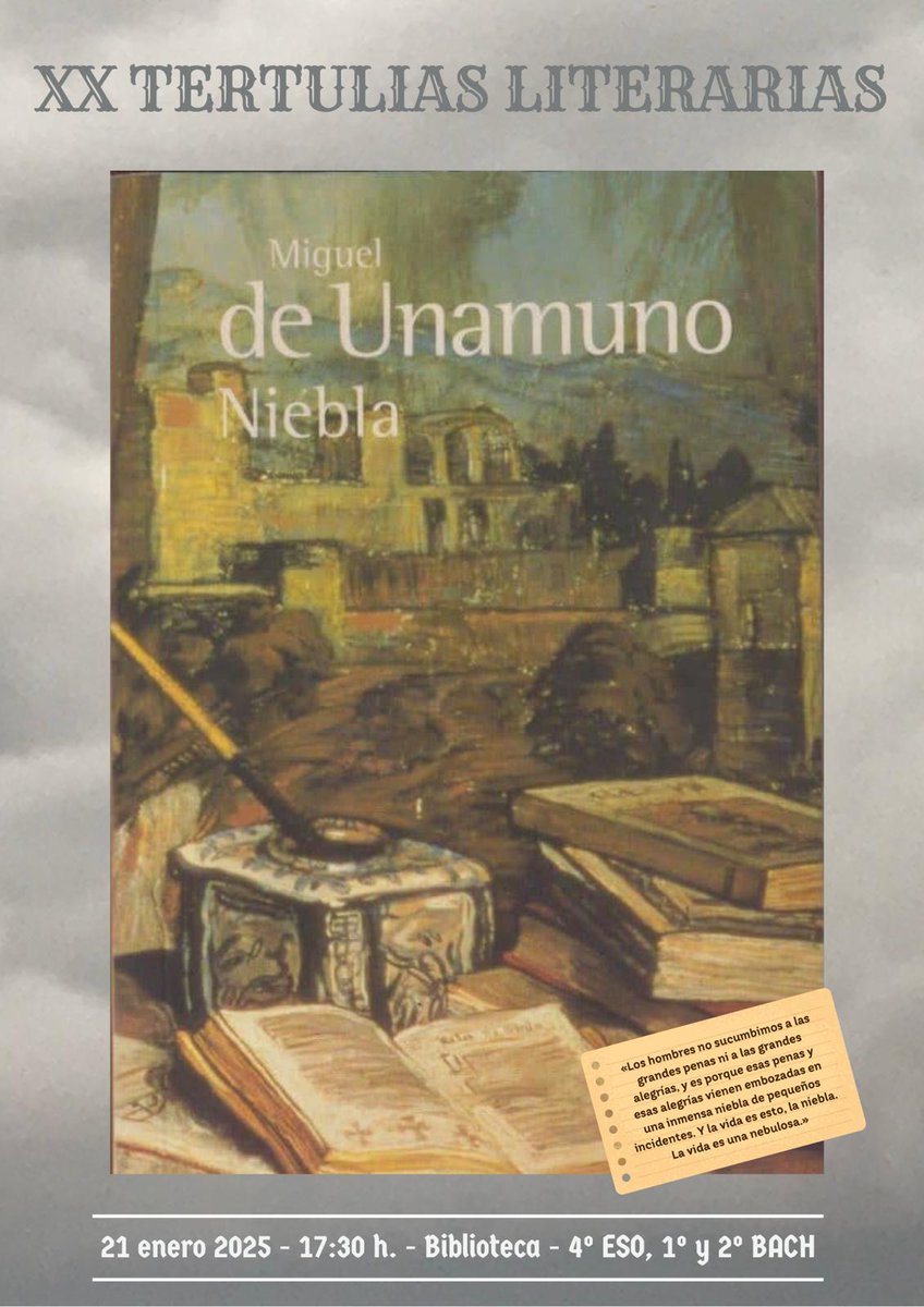 Os recordamos que os estamos esperando para la tertulia literaria mañana a las 17:30. Están invitados el alumnado de 4° ESO, 1° y 2° de bachillerato más todo aquel que se anime de nuestra Comunidad Educativa 😀