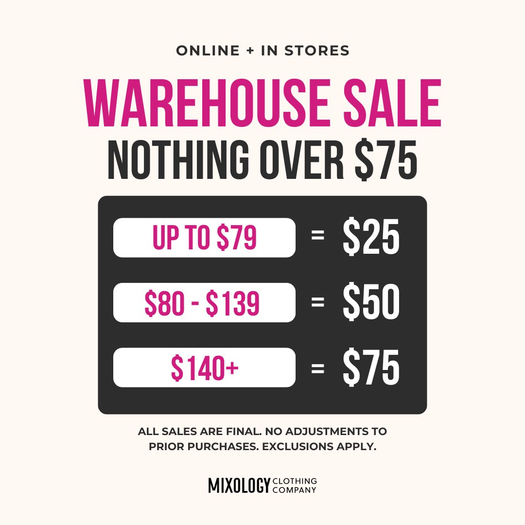 🚨 Warehouse Sale Alert 🚨
Nothing over $75 in our sale collection! 🤩 Don’t miss out — shop online or in stores now!
shopmixology.com/collections/wa…
