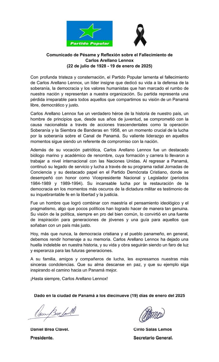 Con profunda tristeza y consternación, el Partido Popular lamenta el fallecimiento de Carlos Arellano Lennox, un líder insigne que dedicó su vida a la defensa de la soberanía, la democracia y los valores humanistas que han marcado el rumbo de nuestra nación.