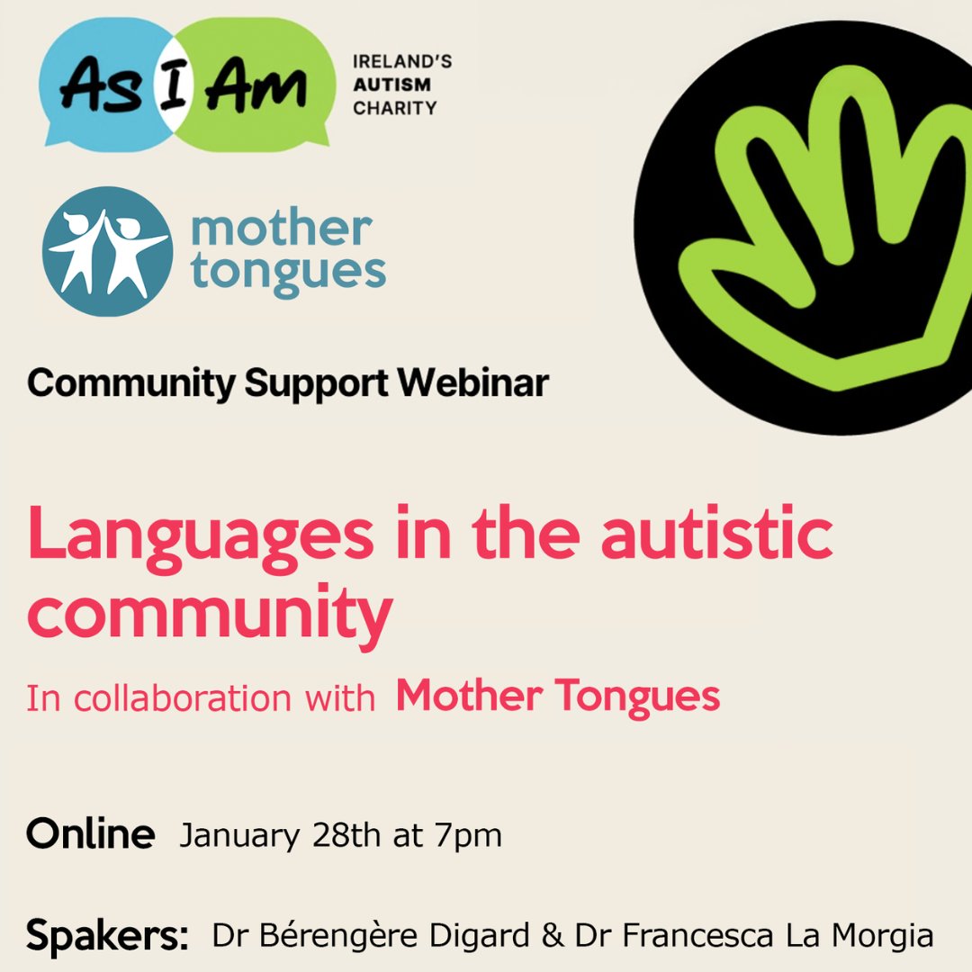 🌟Collaboration Alert!🌟Join Mother Tongues &amp; <a href="/AsIAmIreland/">AsIAm</a> for a FREE webinar on plurilingualism in the Autistic community. Explore how language shapes identity and social &amp; cognitive development.
📅Tue 28 Jan👉Register tinyurl.com/bdzdjker #InclusionMatters #Multilingualism