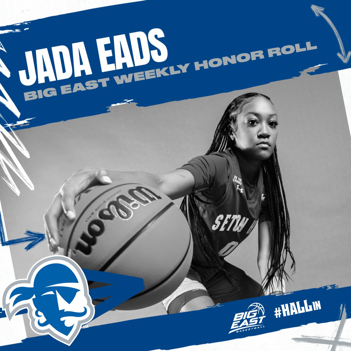 Congratulations to 𝐉𝐀𝐃𝐀 𝐄𝐀𝐃𝐒 on being named to the BIG EAST Weekly Honor Roll.  It's the fifth time this season she's been honored with a weekly award.

#HALLin 🏀🏴‍☠️🔵⚪