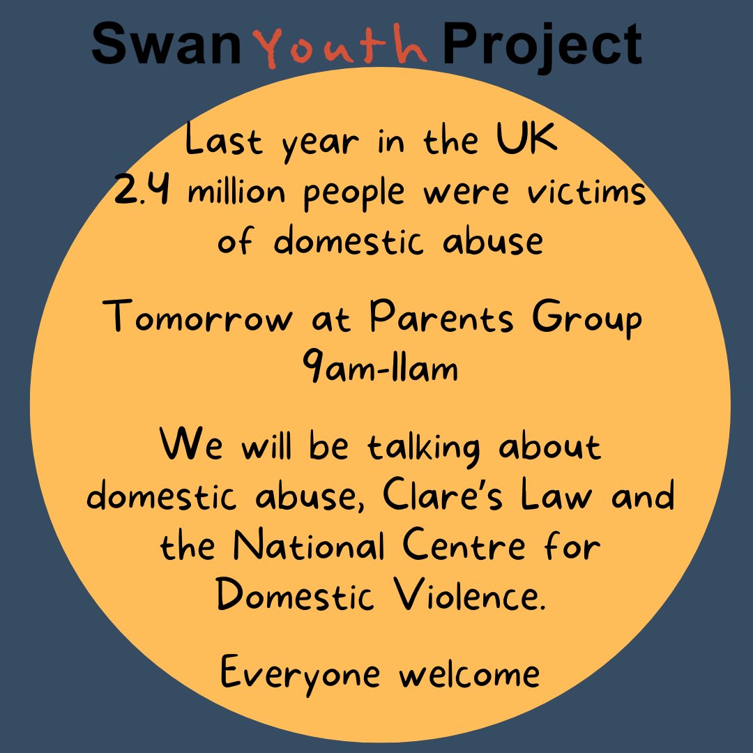 Come and spend a few hours with us tomorrow for Parents Group. We are here to support you and will be helping anyone needing to access Claire's Law to do so
Domestic Abuse is a difficult topic, but we hope to break down some barriers and provide practical information and advice