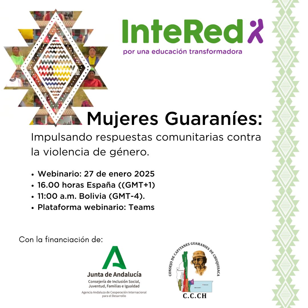 ✳️ Fundación InteRed (@intered_ong) on Twitter photo 📌📌Webinar: Mujeres indígenas guaraníes promueven respuestas comunitarias frente a la violencia de género
👉27 de enero 2025
👉16.00 (hora española)
👉11.00 AM (hora boliviana)
Necesaria inscripción 👇
forms.gle/Kz1o7oZHfY6UUh…
#webinar #cooperacion  #ViolenciaDeGenero #Bolivia 📌📌Webinar: Mujeres indígenas guaraníes promueven respuestas comunitarias frente a la violencia de género
👉27 de enero 2025
👉16.00 (hora española)
👉11.00 AM (hora boliviana)
Necesaria inscripción 👇
forms.gle/Kz1o7oZHfY6UUh…
#webinar #cooperacion  #ViolenciaDeGenero #Bolivia