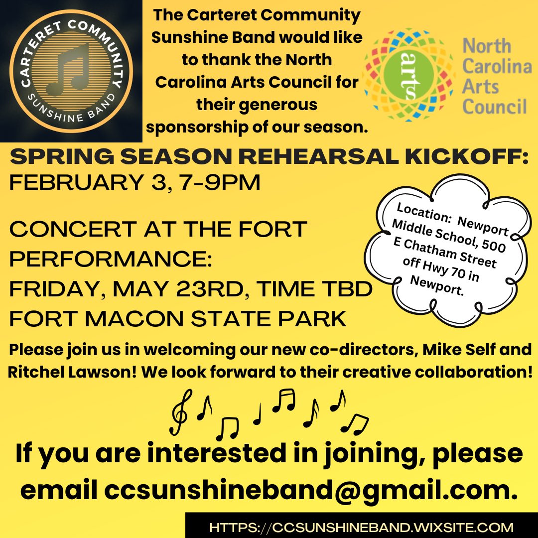 CCSunshineBand's tweet photo. Dust off your instruments and join us February 3rd as we kickoff the 2025 spring performance season of the Carteret Community Sunshine Band! Rehearsals will be in the Newport Middle School Band Room on Monday evenings, 7-9pm, and we would love for you to join us! Please share! https://t.co/RUbzVVbSkm
