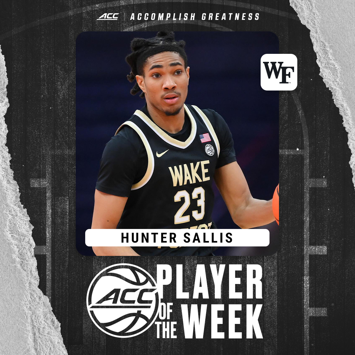 accmbb's tweet image. 𝗣𝗟𝗔𝗬𝗘𝗥 𝗢𝗙 𝗧𝗛𝗘 𝗪𝗘𝗘𝗞:

🎩 Hunter Sallis, @WakeMBB 

🔗 theacc.co/2425mbbpotw11