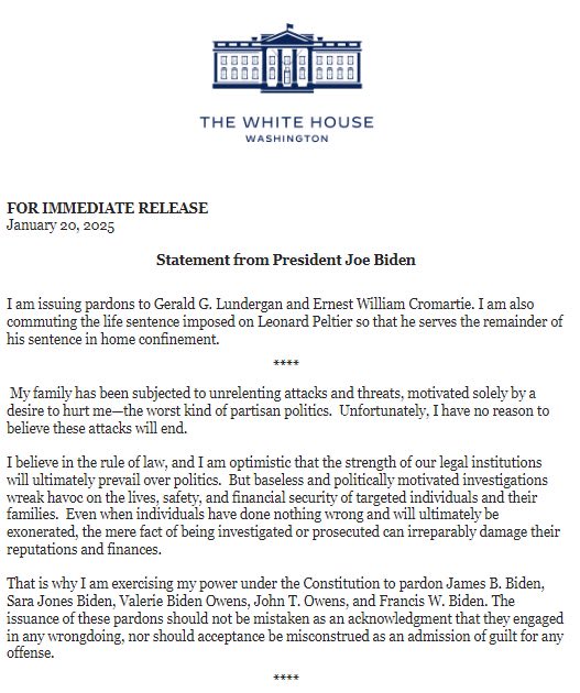 I can think of only one political family who has been attacked, threatened, targeted &amp; prosecuted and their last name is not Biden. These pre-emptive pardons are outrageous and should concern every American.