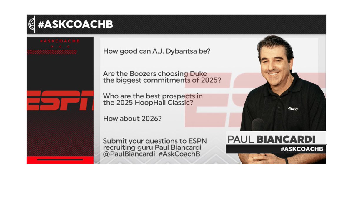 PaulBiancardi's tweet photo. Send your recruiting and basketball questions to #AskCoachB. Join @ESPN_Schick and me on ESPNU all day. https://t.co/gvL7H3jqRo