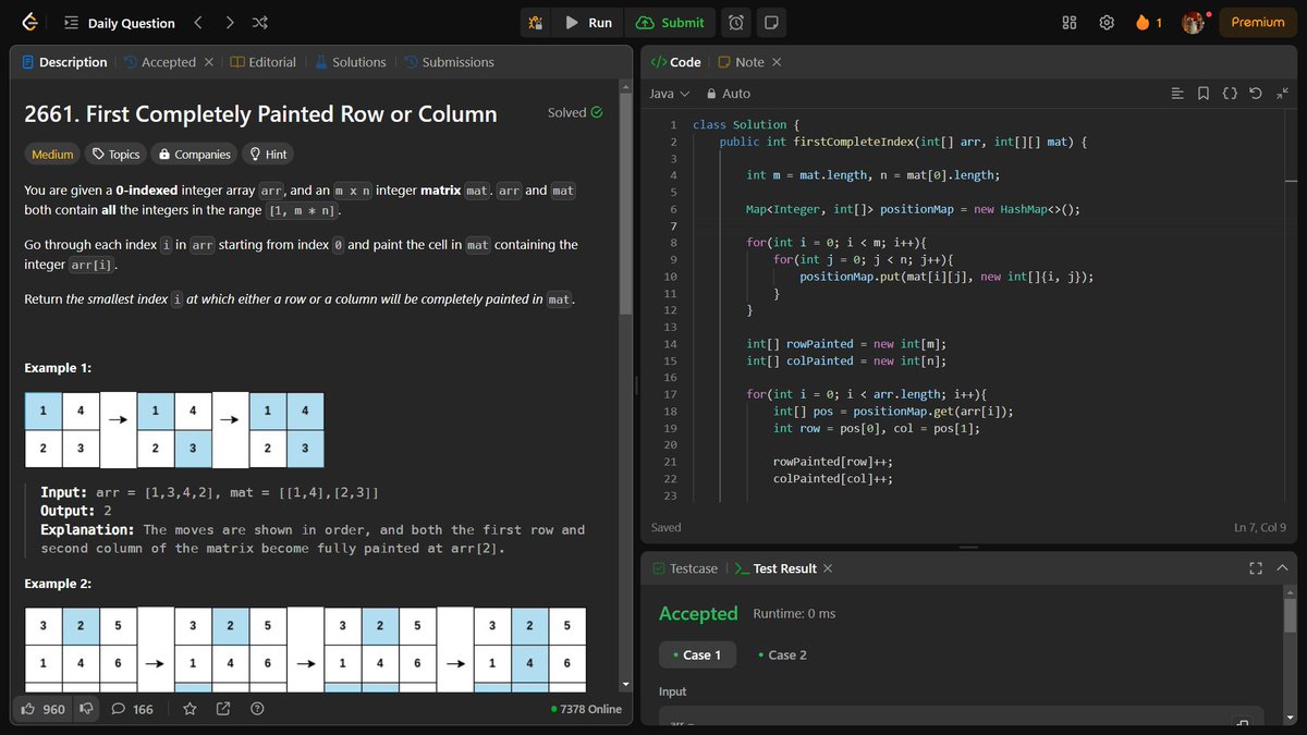 OnkarVallal's tweet photo. Day 58 of #100DaysOfCode (Round 2)              
✅Solved #LeetCode 2661. First Completely Painted Row or Column       
#Round2 #java #dsa #WebDevelopment #connect https://t.co/CAHND29PFP
