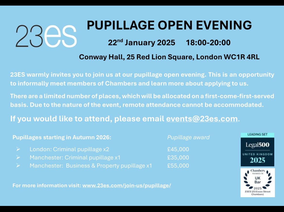 *ASPIRING BARRISTERS*

Pupillage Open Evening <a href="/23essexstreet/">23ES London/Manchester</a> in 48 hours! 🎉✨⚖️

Wednesday 22nd January at 6pm - email events@23es.com to attend ⚖️

Lots of 23ES barristers will be there to answer all your questions, including me! Looking forward to meeting you all 😊✨