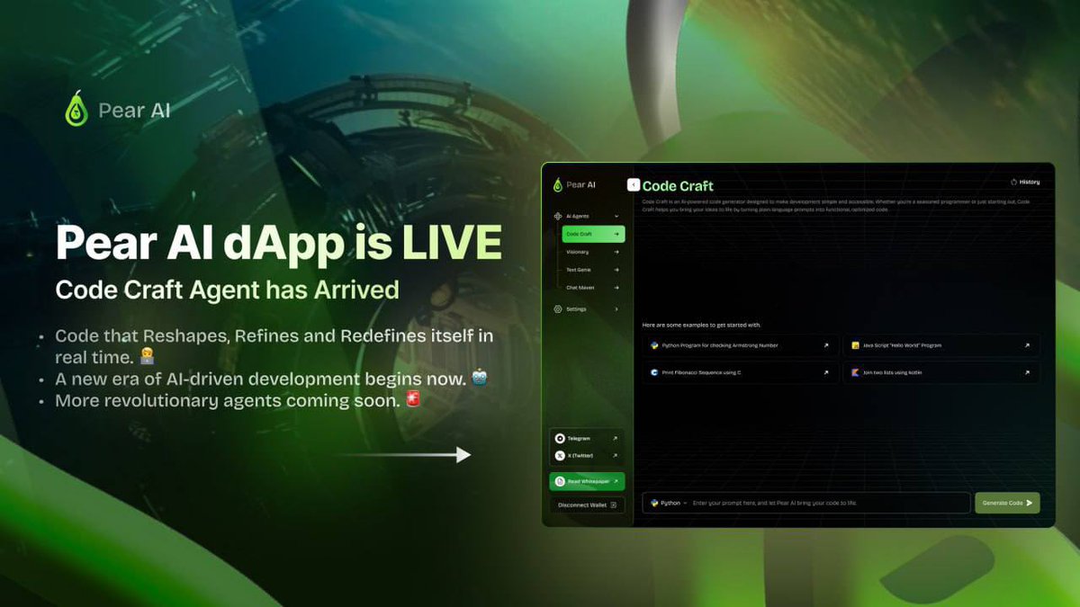 🚨Pear AI dApp is LIVE – CodeCraft Has Arrived! 🚀

This isn’t just a launch—it’s a turning point. 
CodeCraft, the first Pear AI agent, isn’t here to follow rules. It rewrites them.
 Code doesn’t just execute anymore—it reshapes, refines, and redefines itself in real time.

This