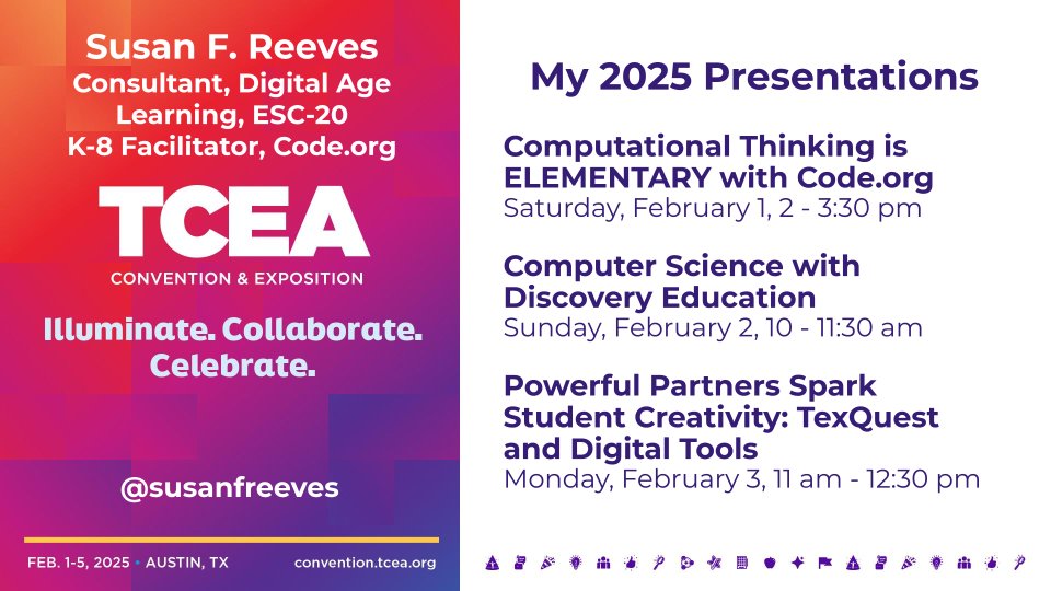 Susan F. Reeves (@susanfreeves) on Twitter photo Gearing up for another amazing #TCEA conference coming up soon! Hope to see you at one of my sessions. <a href="/codeorg/">Code.org</a> #TeachCode <a href="/DiscoveryEd/">Discovery Education</a> <a href="/ESCRegion20/">ESC Region 20</a> Gearing up for another amazing #TCEA conference coming up soon! Hope to see you at one of my sessions. <a href="/codeorg/">Code.org</a> #TeachCode <a href="/DiscoveryEd/">Discovery Education</a> <a href="/ESCRegion20/">ESC Region 20</a>