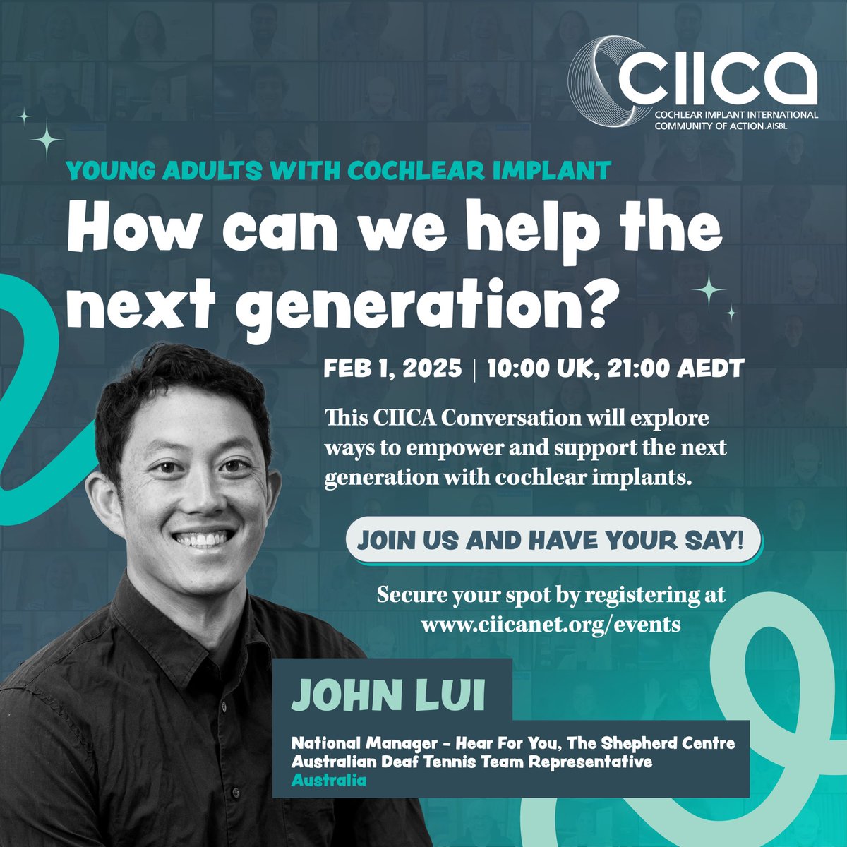 ciicanet's tweet photo. Mark your calendars for February 1st, 2025! Join John Lui, a cochlear implant user from Australia, for a dynamic CIICA Conversation focused on empowering and supporting the next generation of CI users. 💬✨

Register now to be part of the conversation! 

https://t.co/nSBfyfGkKh https://t.co/dASvDhloT4