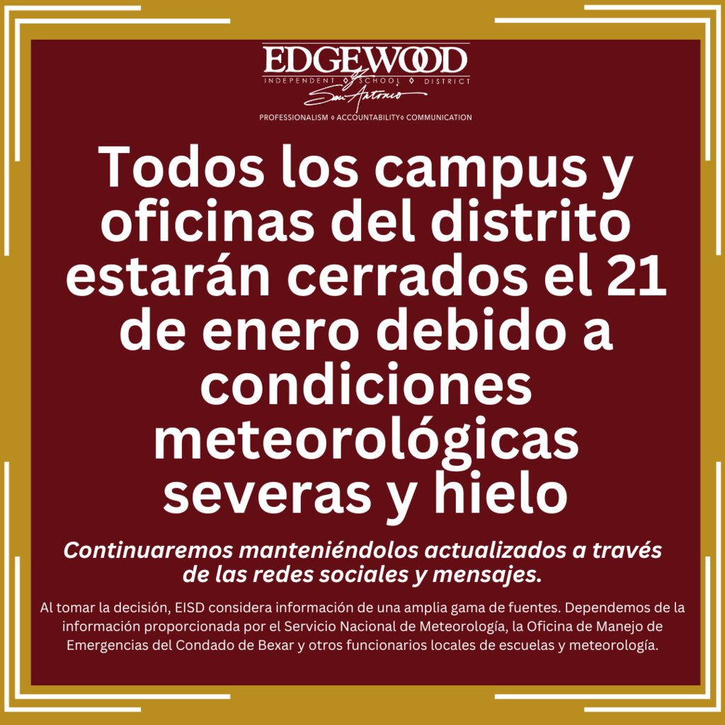 ALL EISD offices &amp; campuses will be closed Jan. 21. The EISD Board Meeting will be Thurs., Jan. 23 at 6 pm. 

Todas las oficinas y campus de EISD estarán cerrados el 21 de enero. La reunión de la Junta de EISD será el jueves 23 de enero a las 6 p.m."
