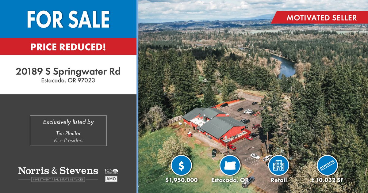 FOR SALE: 20189 S Springwater Rd | Estacada, OR -- PRICE REDUCED!

Consists of two Clackamas county tax lots, totaling ± 4.5 AC, and ± 10,032 SF of retail space.

Check our website for more details: ow.ly/1yML50UJJH5

#CRE #Estacada