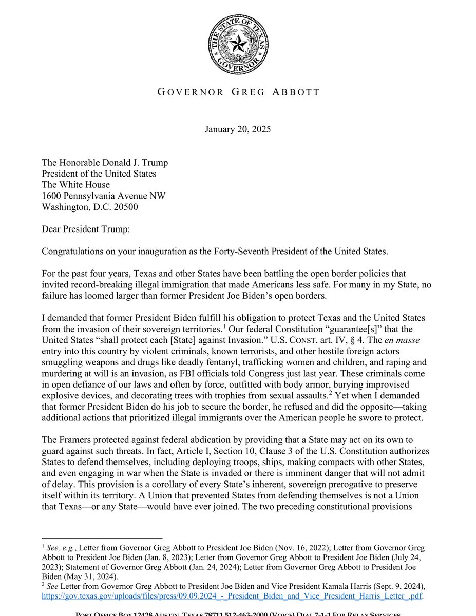 GregAbbott_TX's tweet photo. Today, I asked President Trump to protect Texas and the entire U.S. from the invasion along our southern border by exercising the full scope of his constitutional authority.

Together, we will end the border crisis. https://t.co/q8QJR1oWzu