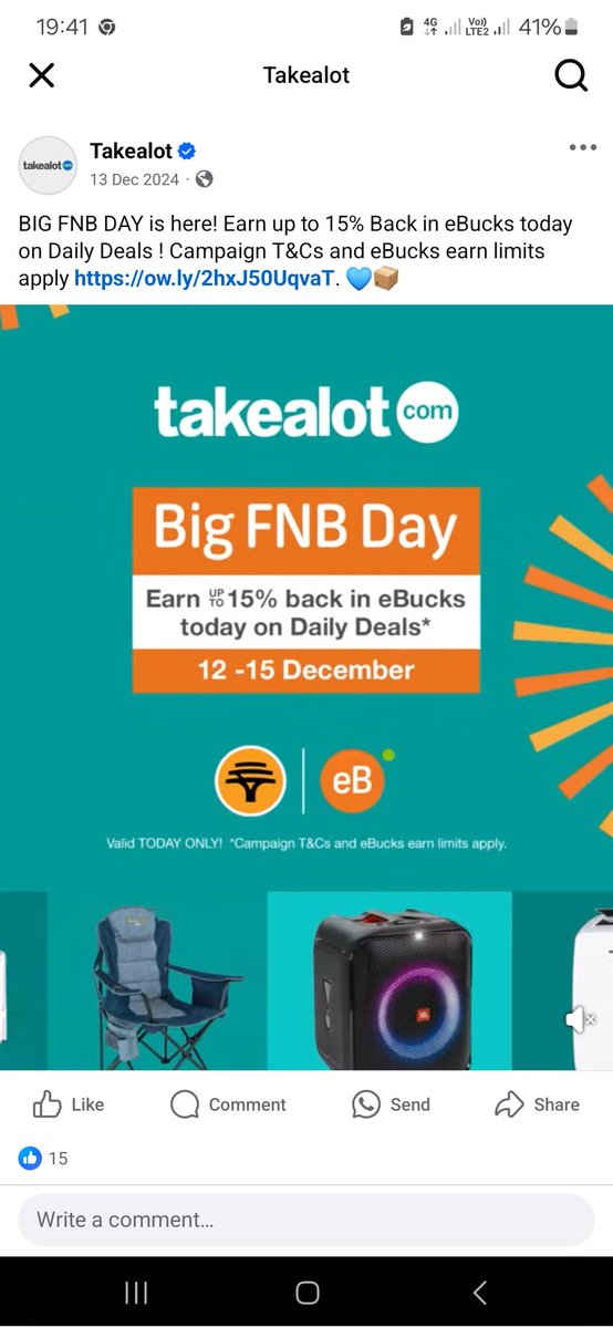 A_Omar_'s tweet photo. @Rb__sa @TAKEALOT Was this a legitimate promo or not? According to the Ebucks consultant I spoke to today, FNB has no idea that this promo exists, even though it was advertised by takealot everywhere. I should have received 7,500 eBucks for a purchase made on 12 Dec, but haven't https://t.co/8m1sTAcXQQ