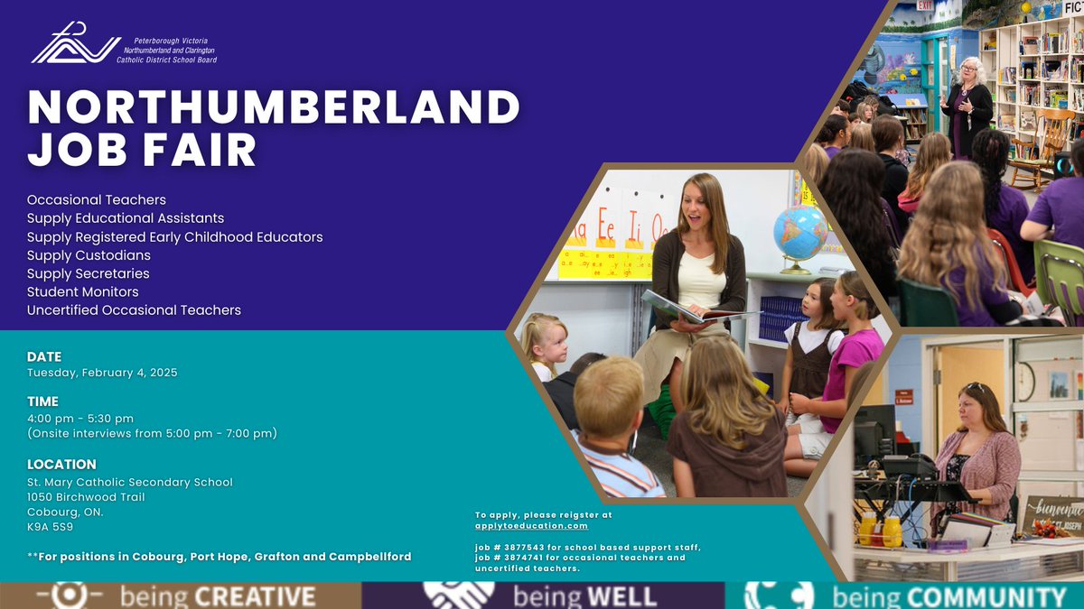 📣 We're Hiring!

Join us at our Northumberland Job Fair!

🗓 Feb 4 | ⏰ 4-5:30pm | 📍 St. Mary Catholic Secondary, Cobourg

Full details in poster.

Register: ApplytoEducation.com

Positions in Cobourg, Port Hope, Grafton and Campbellford

#PVNCInspires #JobFair
