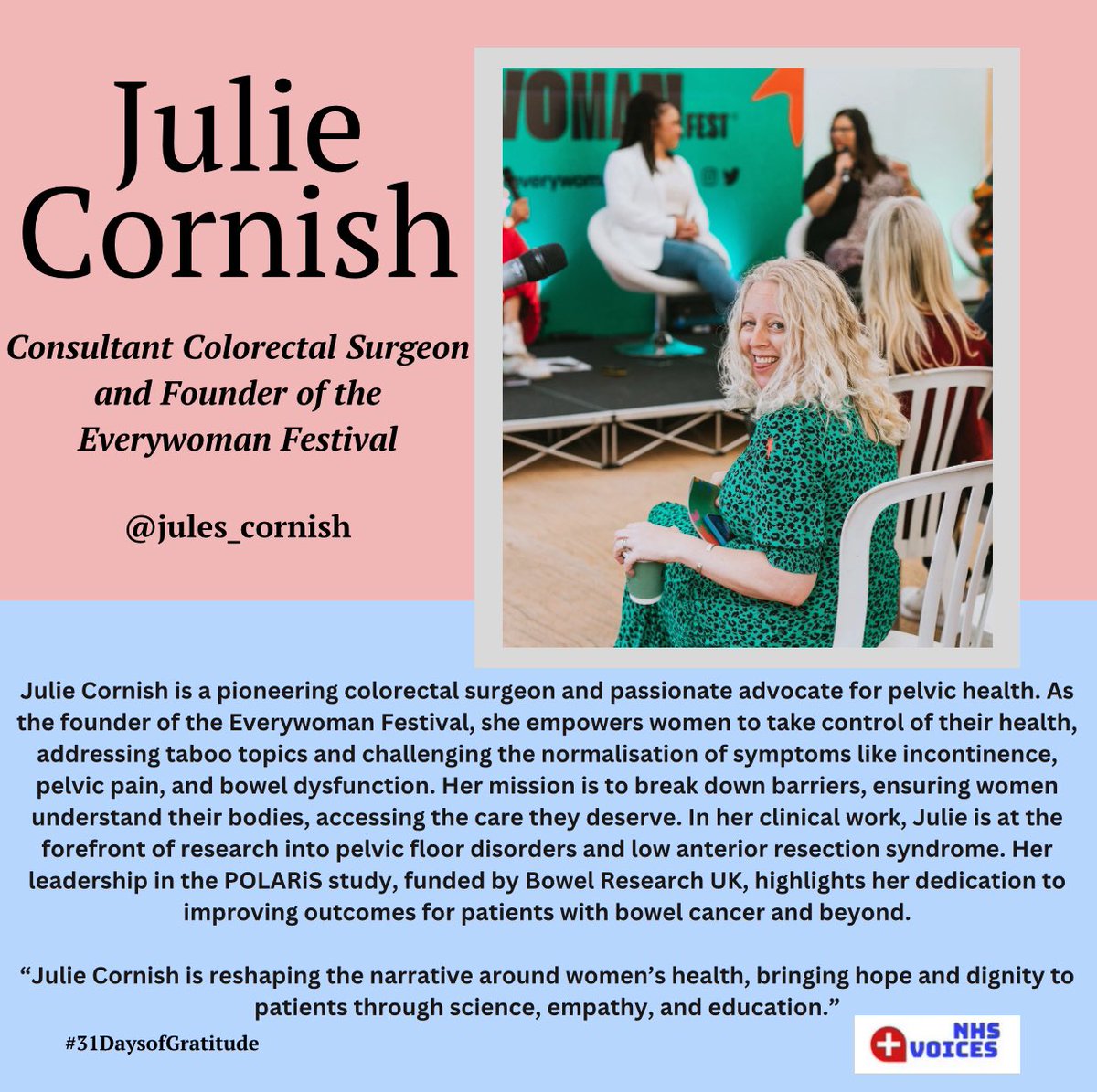 NHS Voices (@nhs_voices) on Twitter photo <a href="/NHSuk/">NHS</a> 🌟 Day 20 of Gratitude: Julie Cornish <a href="/jules_cornish/">Julie Cornish</a> 🌟
✨ Consultant Colorectal Surgeon and Founder of the Everywoman Festival
#31DaysOfGratitude #PelvicHealth #EverywomanFestival #BowelHealth #NHS_Voices <a href="/EveryWomanFest_/">EveryWomanFestival</a> <a href="/NHSuk/">NHS</a> <a href="/NHSuk/">NHS</a> 🌟 Day 20 of Gratitude: Julie Cornish <a href="/jules_cornish/">Julie Cornish</a> 🌟
✨ Consultant Colorectal Surgeon and Founder of the Everywoman Festival
#31DaysOfGratitude #PelvicHealth #EverywomanFestival #BowelHealth #NHS_Voices <a href="/EveryWomanFest_/">EveryWomanFestival</a> <a href="/NHSuk/">NHS</a>