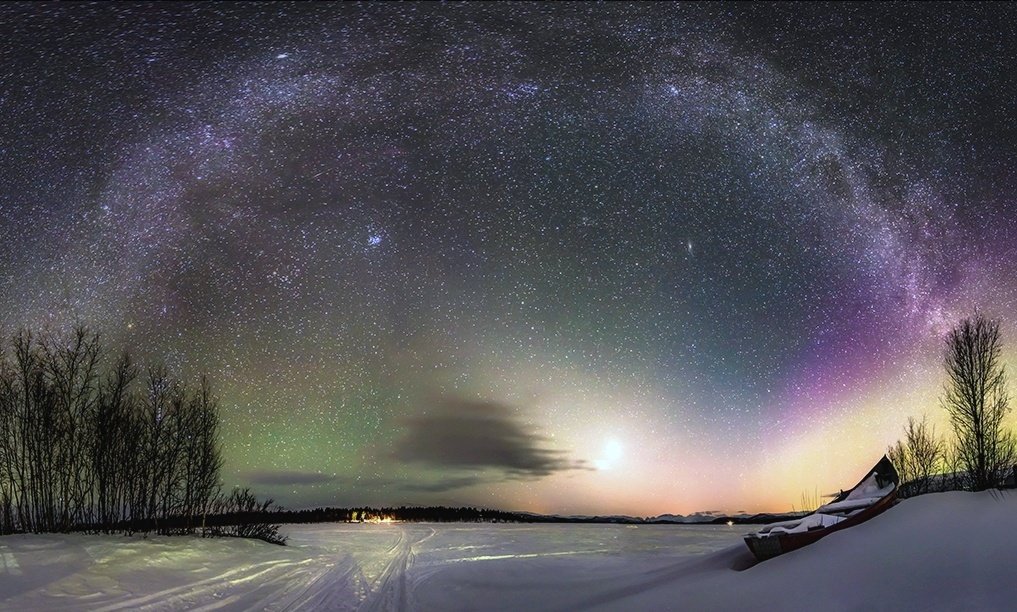 The Milky Way, Venus, Pleiades, Andromeda Galaxy, aurora, airglow, the Zodiacal light and an Iridium flare. All above a lonesome boat on a cold winter night in Kiruna,  Sweden. 

Look up, there's SO much to see. 
SO much to learn. 
It never gets boring.