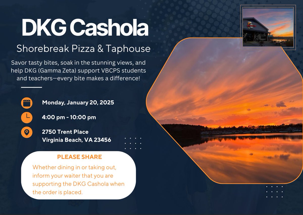 This evening between 4pm and 10pm head to the Shorebreak in Pungo. Mention DKG and a portion of your check will be donated to my chapter of DKG. It will help fund a scholarship for a deserving senior planning to major in education. Thank you! 🙏