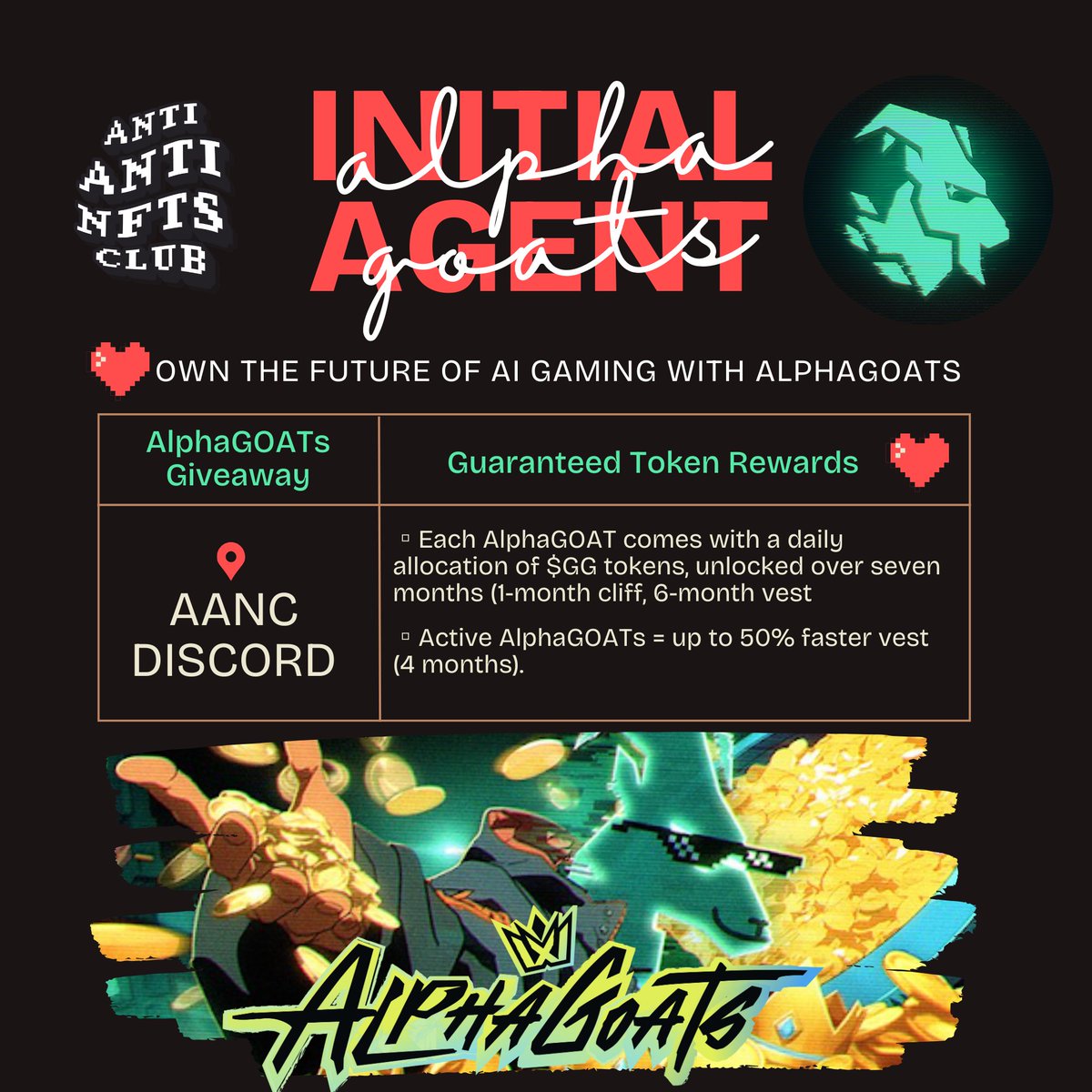 AntiAntiNFTs Club (@aanc_official) on Twitter photo We're thrilled to announce that we’ve secured whitelist spots for <a href="/AANC_Official/">AntiAntiNFTs Club</a> in the upcoming <a href="/playgoatgaming/">GOAT Gaming</a> AlphaGOATs AI Agent sale!💥
About AlphaGOATs:
Autonomous AI agents that compete, earn, and revolutionize digital engagement.
Why AlphaGOATs?
🔹 Effortless Income: We're thrilled to announce that we’ve secured whitelist spots for <a href="/AANC_Official/">AntiAntiNFTs Club</a> in the upcoming <a href="/playgoatgaming/">GOAT Gaming</a> AlphaGOATs AI Agent sale!💥
About AlphaGOATs:
Autonomous AI agents that compete, earn, and revolutionize digital engagement.
Why AlphaGOATs?
🔹 Effortless Income: