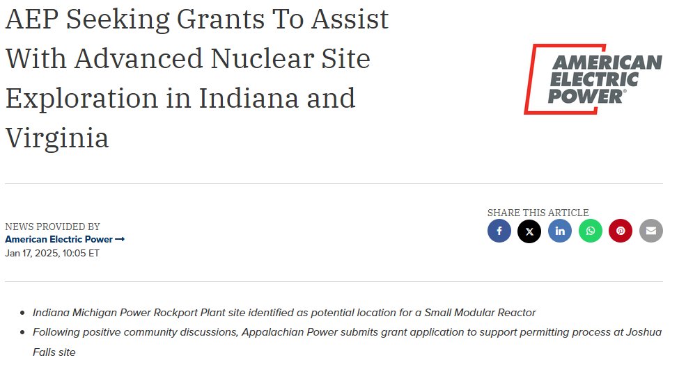 James Hopf (@hopfjames) on Twitter photo American Electric Power (AEP) is applying for a DoE grant to fund an Early Site Permit (ESP) application (to NRC).  They've identified two sites for new reactors, at the Rockport Plant in Spencer County, Indiana, and in Campbell County, Virginia.  Article link in reply.
AEP is American Electric Power (AEP) is applying for a DoE grant to fund an Early Site Permit (ESP) application (to NRC).  They've identified two sites for new reactors, at the Rockport Plant in Spencer County, Indiana, and in Campbell County, Virginia.  Article link in reply.
AEP is