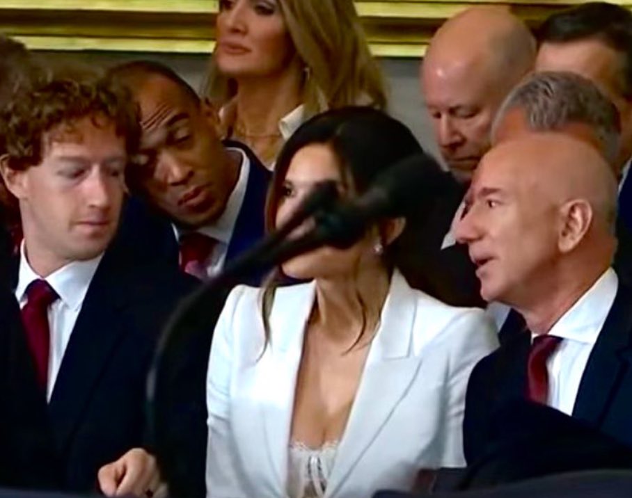 I would hate for this picture of Mark Zuckerberg staring down the shirt of Jeff Bezos’ fiancée Lauren Sanchez during Donald Trump’s inauguration to go viral.

Would be such a shame for Zuck.