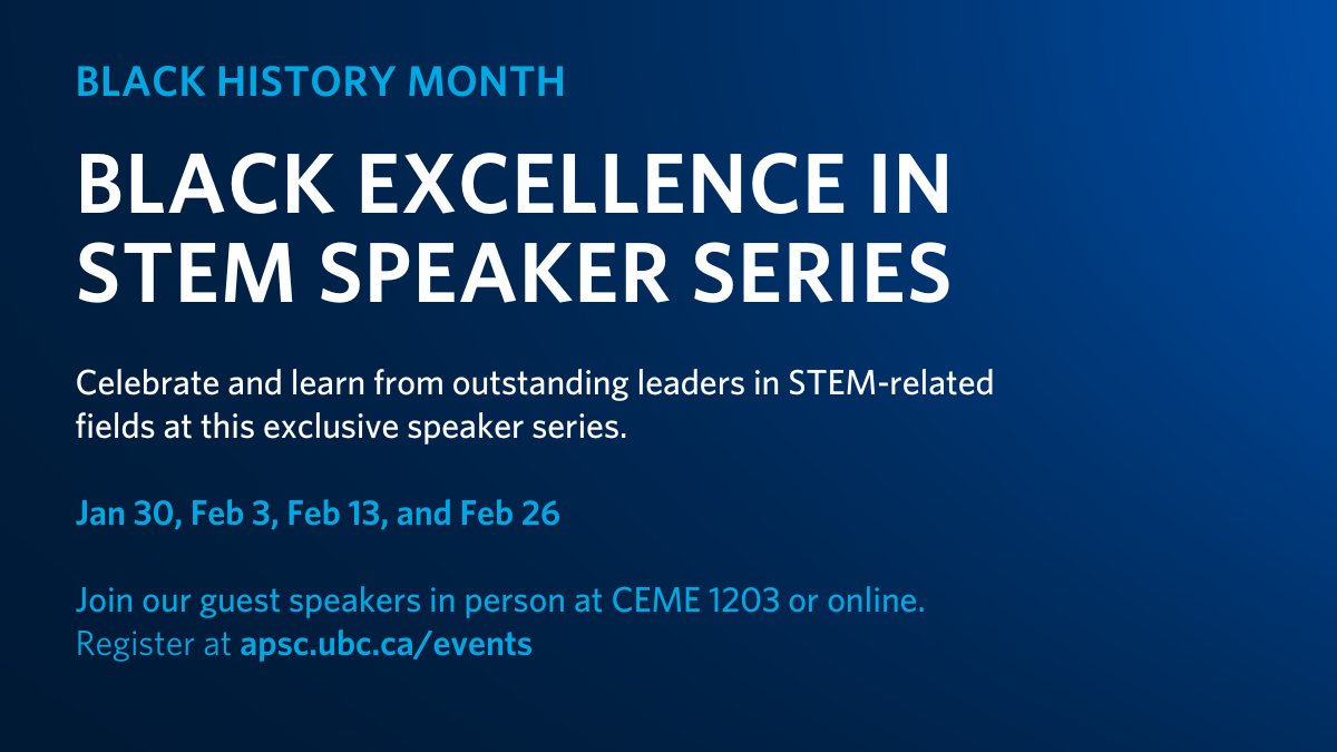 UBC Applied Science (@ubcappscience) on Twitter photo To celebrate #BlackHistoryMonth, we invite our <a href="/UBC/">University of British Columbia</a> community to register for the Black Excellence in STEM Speaker Series.
This student-led initiative highlights the remarkable contributions of #STEM leaders. More info: bit.ly/40oVoI9.
<a href="/ubcscience/">UBC Science</a> <a href="/ubcLFS/">UBC Faculty of Land and Food Systems</a> <a href="/UBCForestry/">@forestry.ubc.ca on Bluesky</a> To celebrate #BlackHistoryMonth, we invite our <a href="/UBC/">University of British Columbia</a> community to register for the Black Excellence in STEM Speaker Series.
This student-led initiative highlights the remarkable contributions of #STEM leaders. More info: bit.ly/40oVoI9.
<a href="/ubcscience/">UBC Science</a> <a href="/ubcLFS/">UBC Faculty of Land and Food Systems</a> <a href="/UBCForestry/">@forestry.ubc.ca on Bluesky</a>