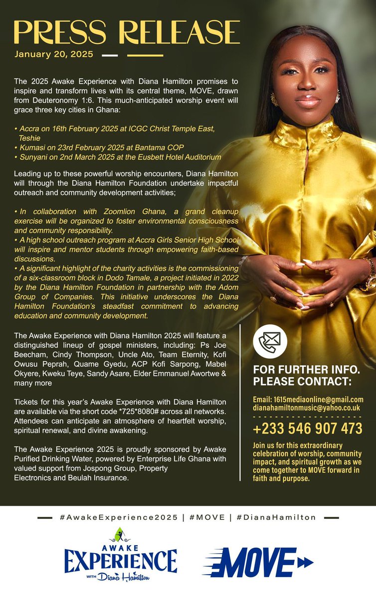 iambecky23's tweet image. It&apos;s Official!
The &quot;Awake Experience With Diana Hamilton&quot; is now duly launched!
Join @dianaahamilton for a powerful night of Worship, Praise and A life-changing move of God!

Don&apos;t miss this transformative experience! #AwakeExperience #DianaHamilton