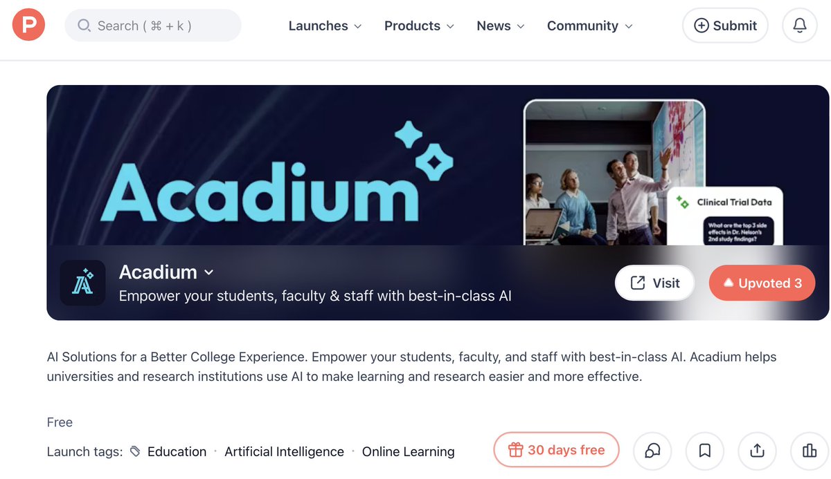 AcadiumAI (@acadiumai) on Twitter photo 🎉 We're thrilled that Acadium is featured on <a href="/ProductHunt/">Product Hunt 😸</a> today!
We're on a mission to empower students, faculty, and staff with best-in-class AI in education, and your support means the world.
Head on over and give us an upvote!
producthunt.com/products/acadi… #AI #chatbot #highered 🎉 We're thrilled that Acadium is featured on <a href="/ProductHunt/">Product Hunt 😸</a> today!
We're on a mission to empower students, faculty, and staff with best-in-class AI in education, and your support means the world.
Head on over and give us an upvote!
producthunt.com/products/acadi… #AI #chatbot #highered