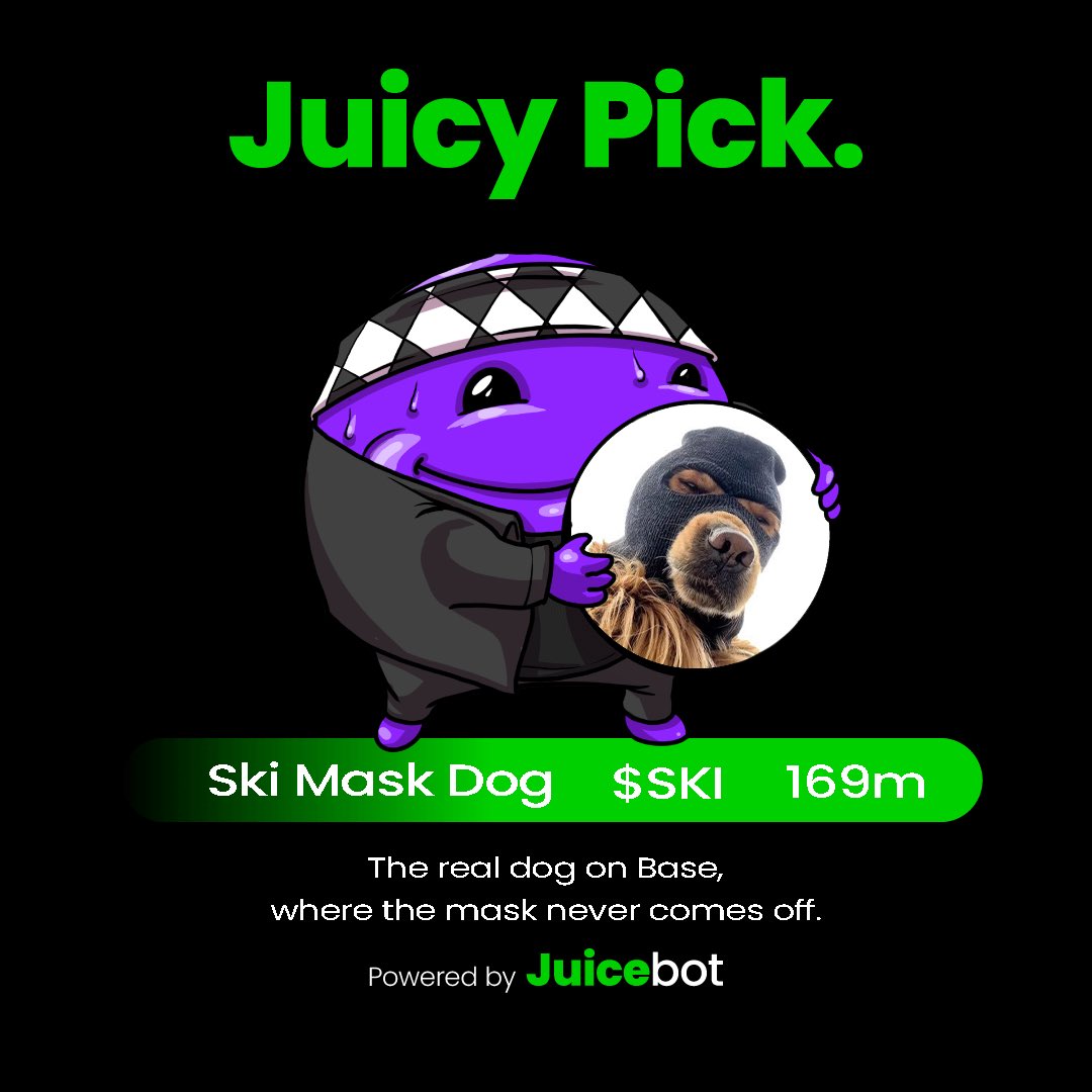 juicebotapp's tweet image. 🧃 Juicy Pick of the Week: $SKI on Base

🐶 The #1 Real Dog Meme Coin on Base
🚀 24H Volume: +62.73%
🔥 LP Burned | 📜 Contract Renounced 
🤝 100% Community Owned

Where Onchain CTO Meets Ski Mask
The mask stays on. Stay Juicy! 🧃