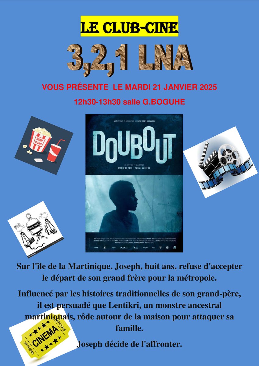 Le club ciné du lycée propose aux élèves et étudiants la projection du court métrage DOUBOUT et un moment d'échange avec Steve ZEBINA, le responsable programmation cinéma de l'ATRIUM.