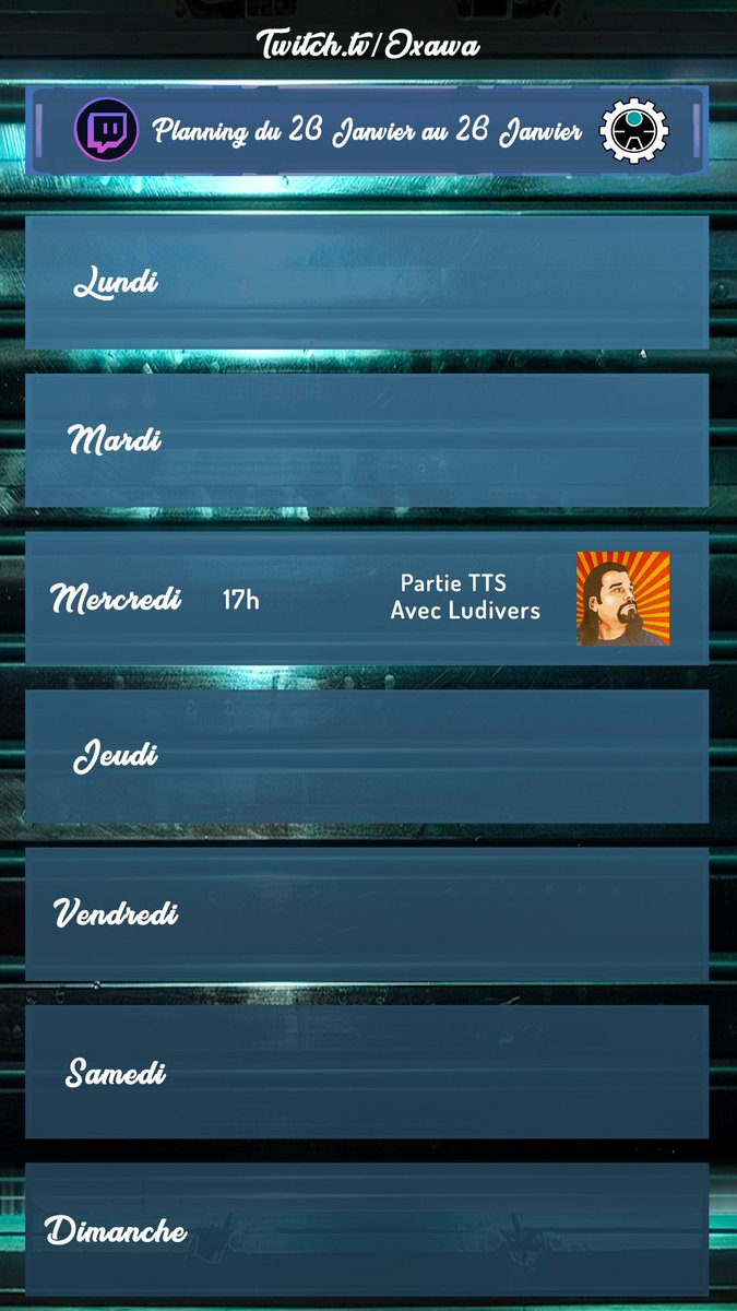 Semaine TRANQUILLE, retour de match aller, mais je vous donne quand même rendez-vous mercredi pour jouer à 40k avec l'ami Ludivers ! 
#chill #stream #warhammer40k