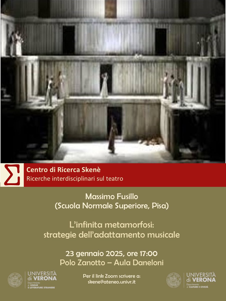 Join us in #Verona or on Zoom on 23 January for Massimo Fusillo’s talk on the #strategies of #MusicalAdaptation

➡️ 23 January 2024 - 🇮🇹 
➡️ <a href="/UniVerona/">Università di Verona</a> - Aula Daneloni &amp; Zoom
➡️ Zoom link: 📧 to skene@ateneo.univr.it