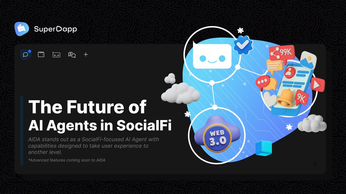 SuperDappAI's tweet image. AI is shaping every industry, and SocialFi wouldn't be different. That's why we created AIDA. 

As a dedicated AI Agent on SuperDapp, AIDA empowers users with smart tools for secure connections, efficient management, and real growth. 🌟

Get started at Web.SuperDapp.ai/register?u=1Di…!