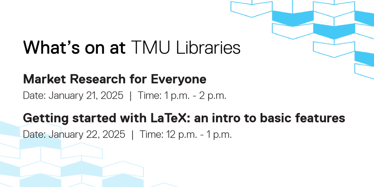 This week at TMU Libraries:

➡️ Tues., Jan. 21 @ 1 p.m. - Market Research for Everyone

This workshop introduces TMU Libraries' subscription databases that help you find relevant data, consumer/client behaviour and preferences, industry trends, and more.

bit.ly/MarketResearch…