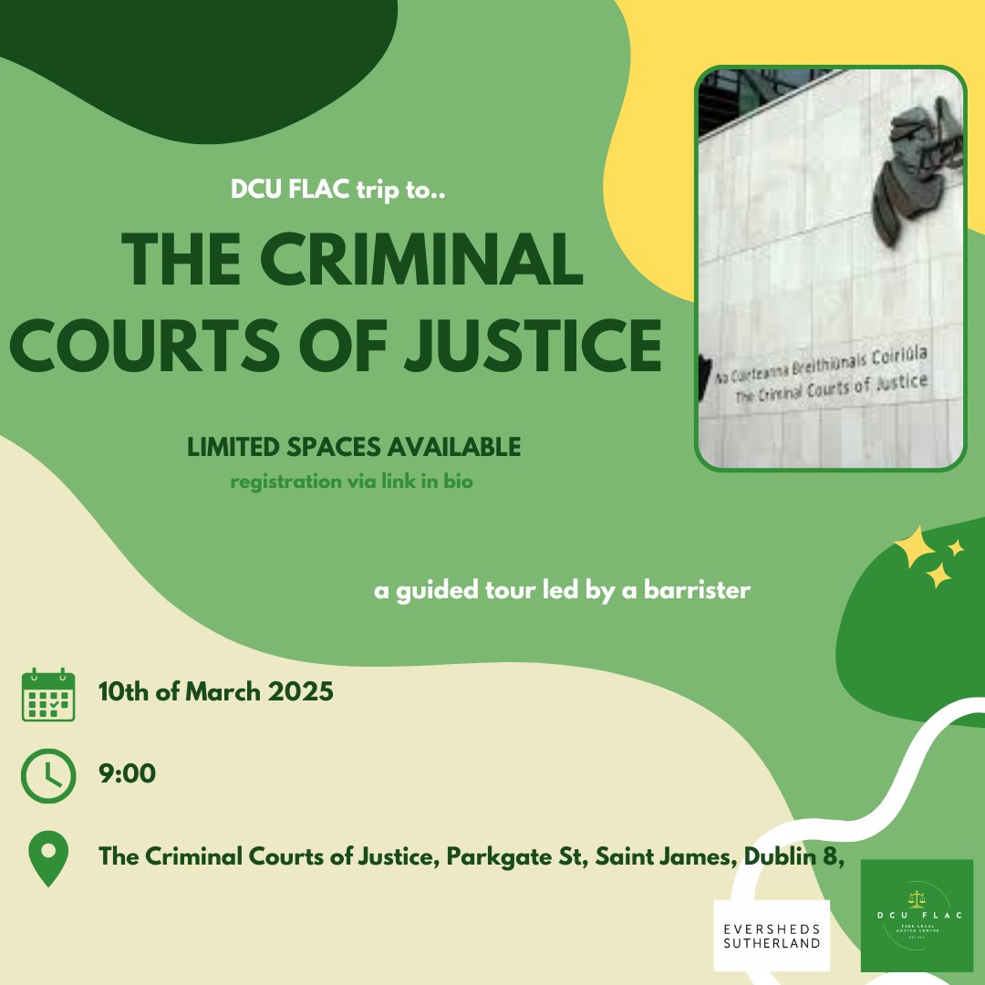 DCUFLAC's tweet photo. We’re going to the criminal courts!! If you fancy tagging along, fill out the google form in our bio. We learn all about the Irish justice system in lectures, why not come see it in real life? Ideal for FLAC members who haven’t been to the courts before or just need a refresher!! https://t.co/nnRv4G8L0C