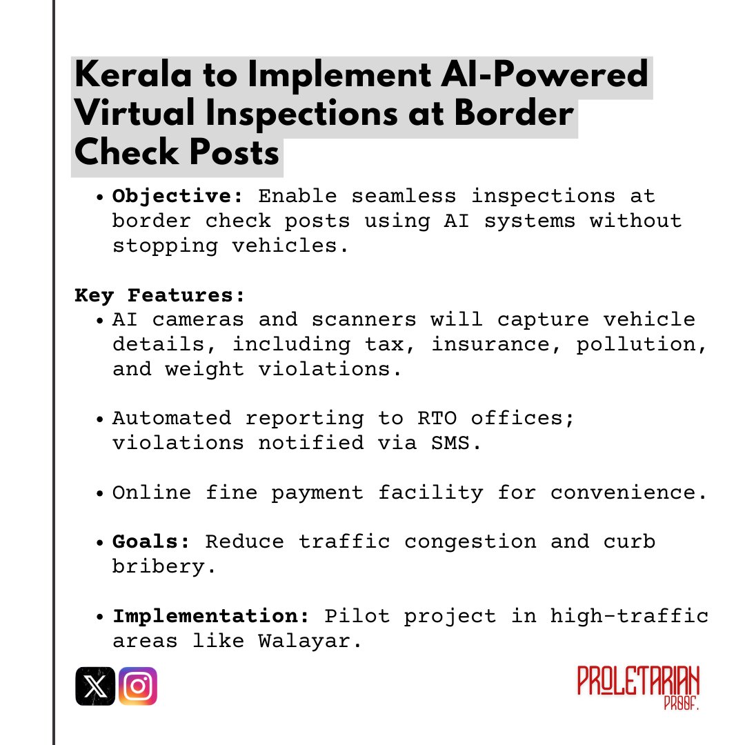 thepropruf's tweet image. 🚨AI cameras for seamless vehicle checks at Kerala&apos;s border posts to reduce traffic and curb bribery🎥🛑

#AI #TrafficReform #Kerala