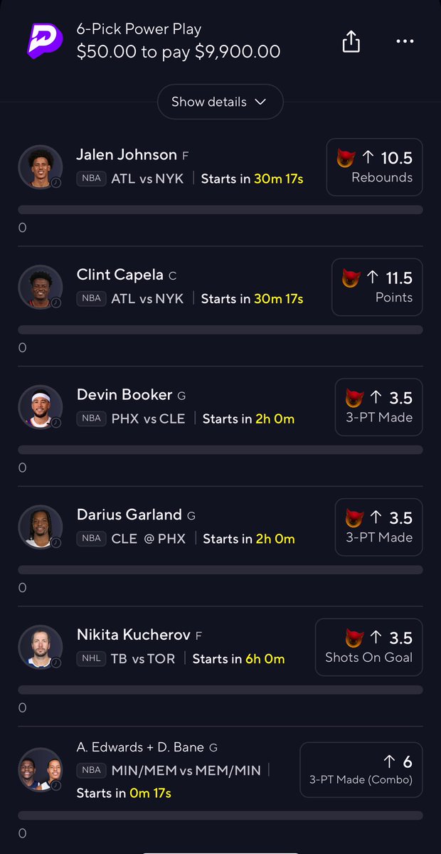 Demon Degen lotto of the day 👹🎟️

Power it for 198X or flex it for 70X 

What better day to make a dream come true than on #MLKDay 🫡

Good luck, we’ll need it 🍀 

prizepicks.onelink.me/gCQS/shareEntr…

#PrizePicks #PapasPicks #PapaJawnz #GamblingX #NBAX #NBA #NHL