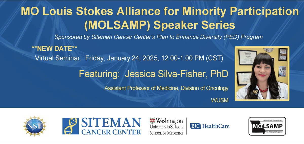 Dr. Jess Silva-Fisher (she/hers/ella) (@jesssfisher) on Twitter photo Im excited to speak with students & faculty at the St. Louis Stokes Alliance for #Minority Participation #Speaker Series! #MOLSAMP <a href="/SitemanCenter/">Siteman Cancer Center</a> <a href="/NSF/">U.S. National Science Foundation</a>
Join me Friday Jan. 24!
<a href="/WashUDeptMed/">WashU Medicine Department of Medicine</a> <a href="/SitemanCenter/">Siteman Cancer Center</a> Plan to Enhance Diversity Program. <a href="/WashUOncology/">WashU Medicine Division of Oncology</a>
#SilvaFisherlab Im excited to speak with students & faculty at the St. Louis Stokes Alliance for #Minority Participation #Speaker Series! #MOLSAMP <a href="/SitemanCenter/">Siteman Cancer Center</a> <a href="/NSF/">U.S. National Science Foundation</a>
Join me Friday Jan. 24!
<a href="/WashUDeptMed/">WashU Medicine Department of Medicine</a> <a href="/SitemanCenter/">Siteman Cancer Center</a> Plan to Enhance Diversity Program. <a href="/WashUOncology/">WashU Medicine Division of Oncology</a>
#SilvaFisherlab