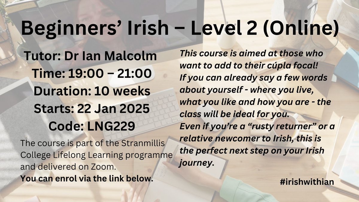It's not too late to improve your cúpla focal! This online course is aimed at those who only have a few words of Irish, but want to learn more.
It begins on Wednesday, 22 Jan. DM me if you'd like any more info.
Here's the link: stran.ac.uk/product/lng229…