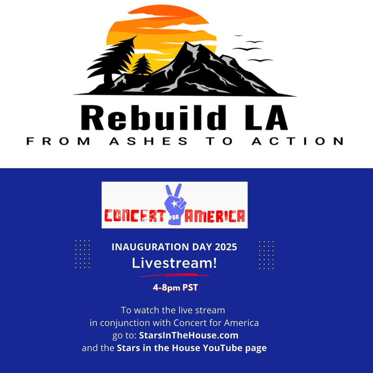Today in the 5PM PST/8PM ET hour I will be appearing at the #ConcertforAmerica which is raising money to help rebuild LA from the devestating fires in recent days.  You can donate via: pledge.to/rebuildLA

Watch the livestream via: starsinthehouse.com
My best, Bill