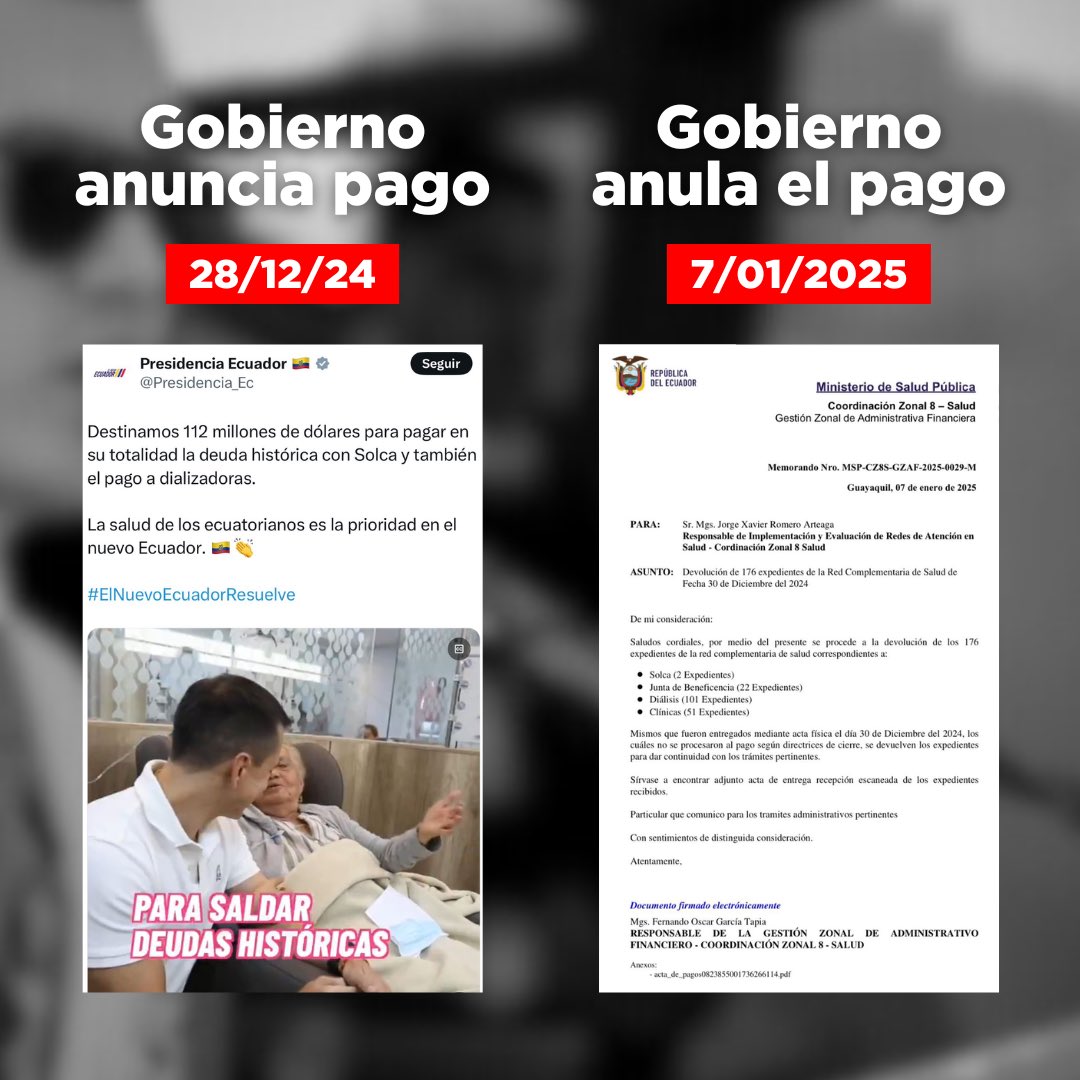 ¡Indolentes! ¡Una mentira más! Este Gobierno permitió la pérdida de más de mil vidas y ahora pone en riesgo a cientos más. Esto no puede seguir así.

Prometen pagos a SOLCA, dializadoras y clínicas privadas, pero luego los anulan. ¡Todo es mentira! Juegan con la vida de quienes