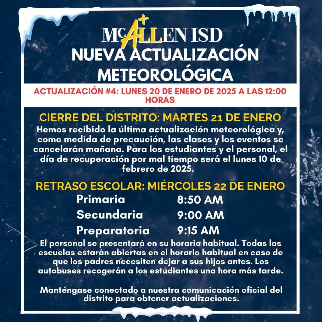 🚨Bronco families, please see the latest Weather Update from McAllen ISD: