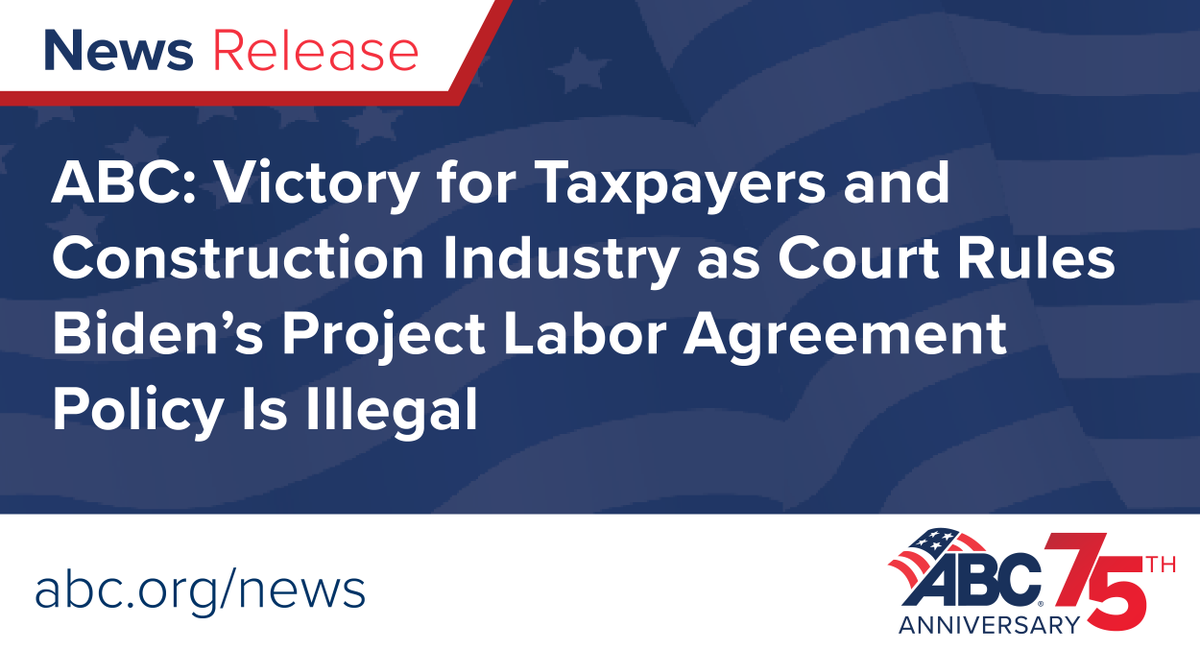 ABCNational's tweet photo. “ABC and its federal contractor members are ecstatic that the judicial system has delivered justice for American taxpayers and the 90% of the U.S. construction industry workforce that is nonunion." 

https://t.co/2TBPVb3ITD

#ABCMeritShopProud https://t.co/OlCL29sQIp