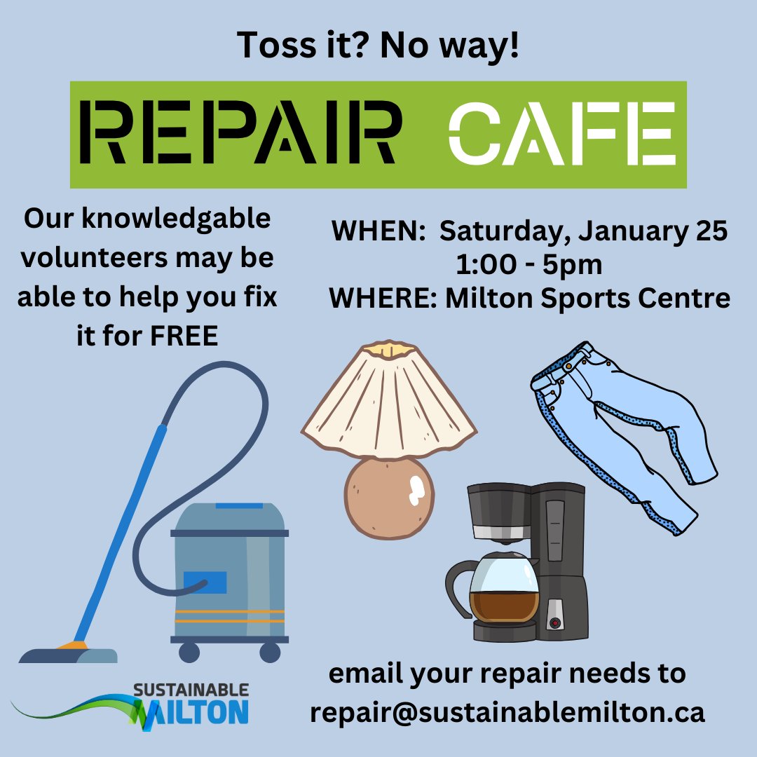 SustainMilton's tweet image. The upcoming Repair Café will accept all sorts of small household items in need of repair - coffee makers, lamps, etc. Send a message with your repair needs to repair@sustainablemilton.ca
#environmentfirst #solutionfocused #sustainablemilton