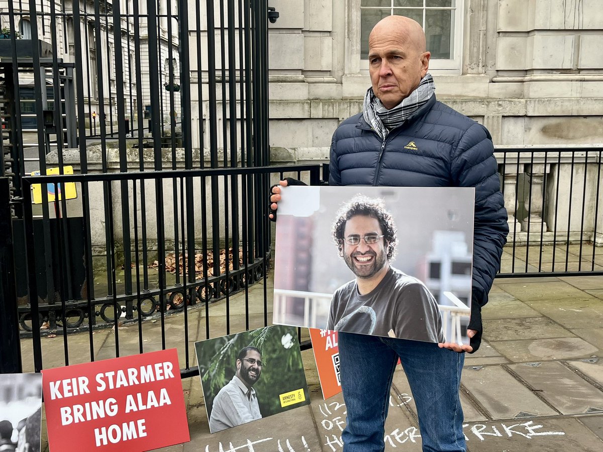 Today I started a 21-day hunger strike to support my dear friend Alaa Abd -el-Fattah, still in prison in Egypt. His 68-yo mum is also striking. She hasn’t eaten for 113 days. We are outside Downing St each day demanding the Brit Govt do more to help one of their own.